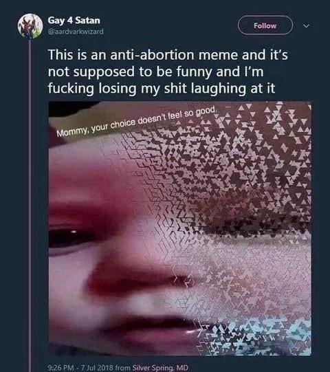 Gay 4 Satan @aardvarkwizard Follow This is an anti-abortion meme and it's not supposed to be funny and I'm f------ losing my s--- laughing at it Mommy, your choice doesn't feel so good. 9:26 PM-7 Jul 2018 from Silver Spring, MD