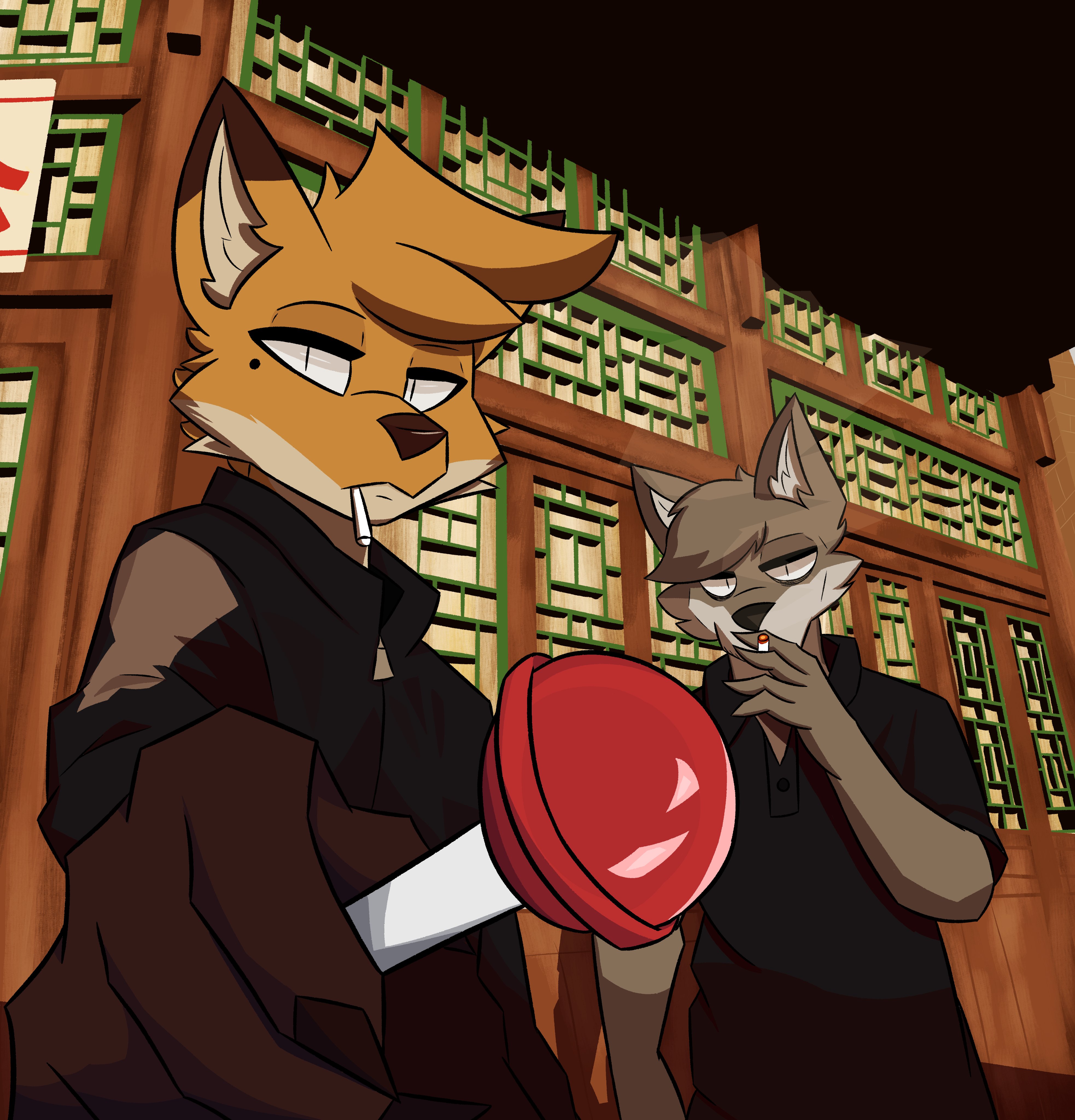 A redraw of an image of a Chinese man offering you a c--------. The redraw features anthro animals and lollipops.