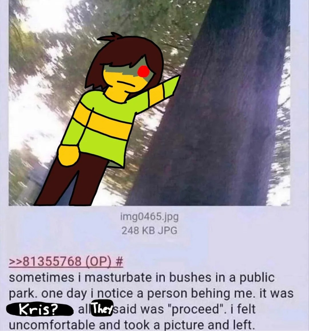 A redraw of the virla Tom Cruise 4chan post. The redraw references Deltarune.