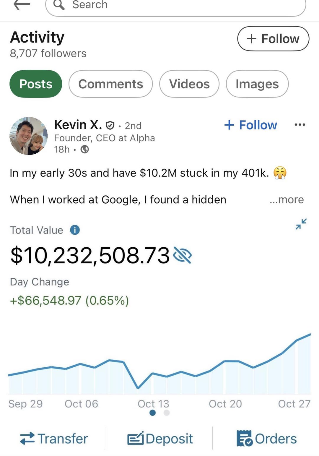 Activity Search + Follow 8,707 followers Posts Comments Videos Images Kevin X.. 2nd Founder, CEO at Alpha 18h + Follow In my early 30s and have $10.2M stuck in my 401k. When I worked at Google, I found a hidden Total Value i $10,232,508.73 Day Change +$66,548.97 (0.65%) ...more K Sep 29 Oct 06 Oct 13 Oct 20 Oct 27 Transfer EjDeposit Orders