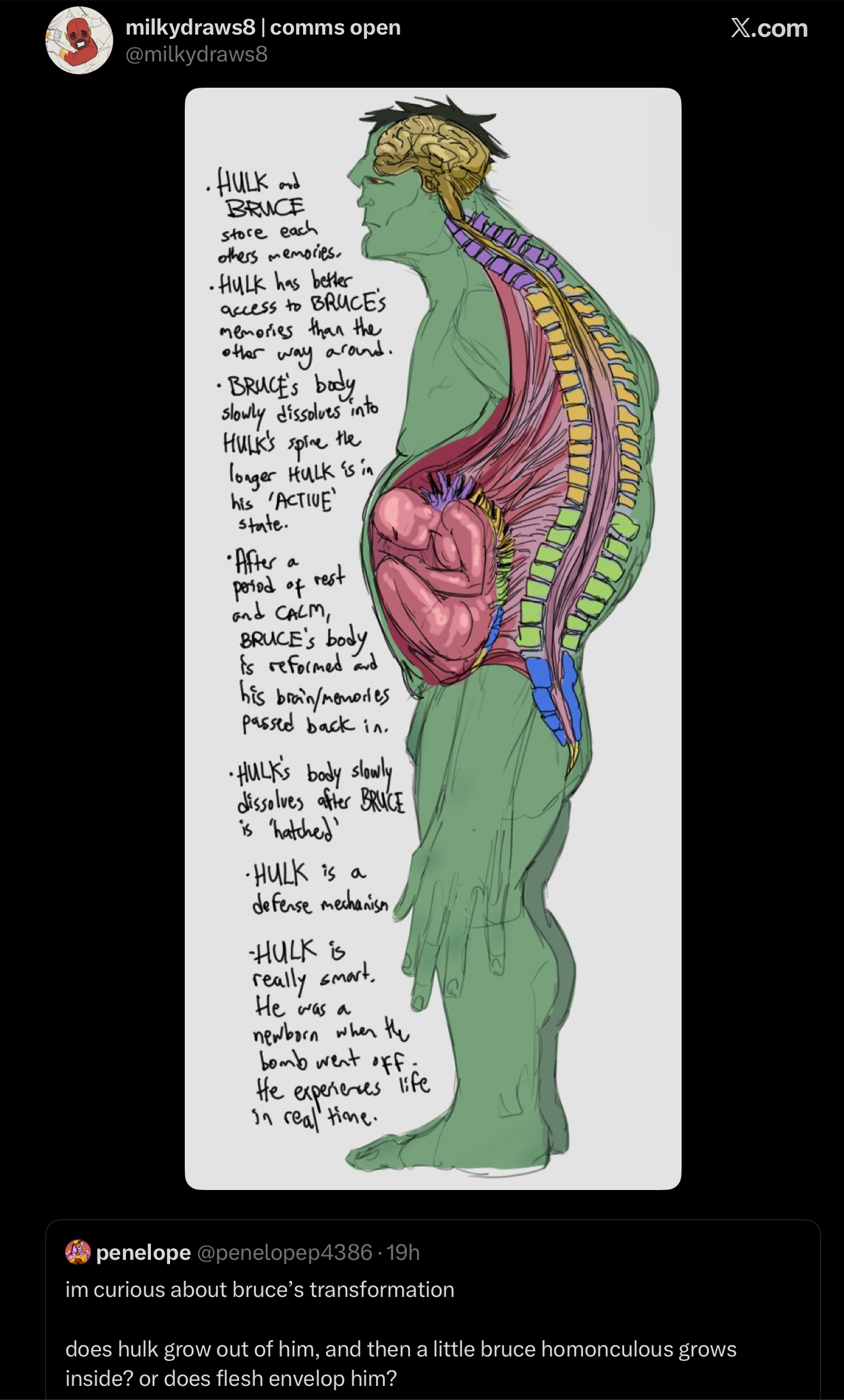 milkydraws8 | comms open @milkydraws8 •HULK and BRUCE store each others memories. •Hulk has better access to BRUCE'S memories than the around. way other •BRUCE's body slowly dissolves into HULK'S spine the longer HULK is in his 'ACTIVE' state. •After a period of rest and CALM BRUCE's body is reformed and his brain/memories passed back in. •HULK's body slowly dissolves after BRUCE is 'hatched' ·HULK is a defense mechanism HULK is really smart. He was a newborn when the bomb went off He experiences life In real time. penelope @penelopep4386-19h im curious about bruce's transformation does hulk grow out of him, and then a little bruce homonculous grows inside? or does flesh envelop him? X.com