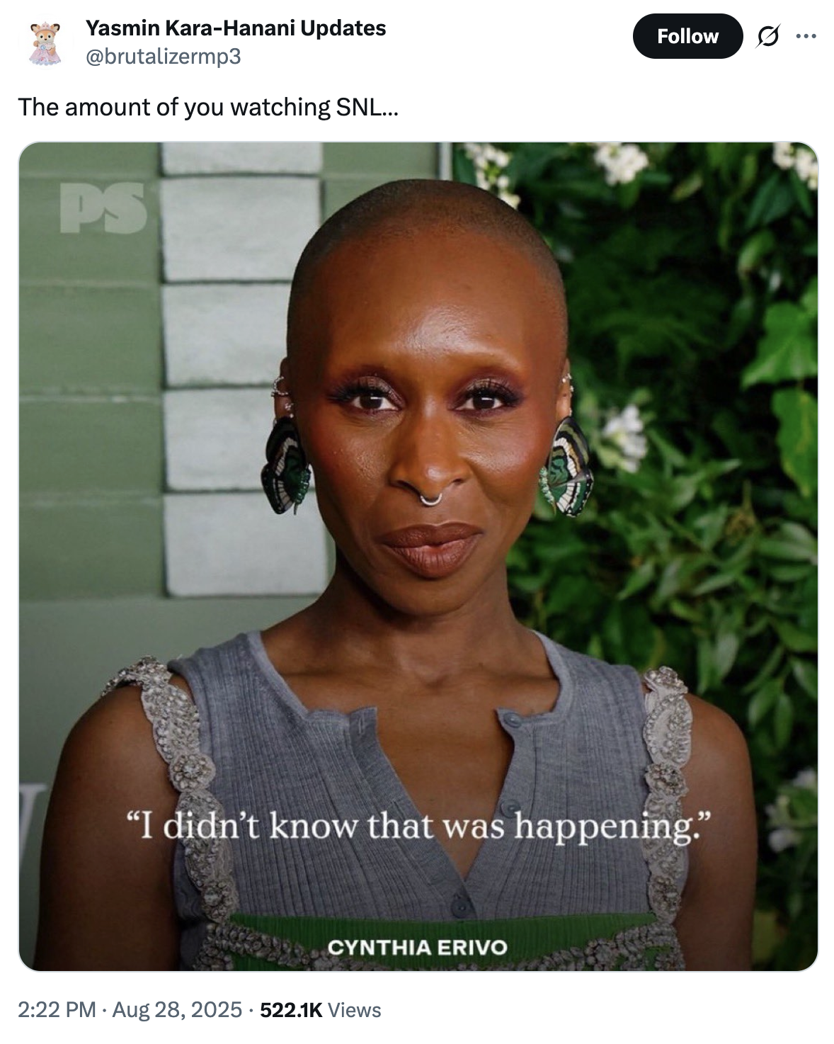 On August 28th, X user @brutalizermp3 tweeted, "The amount of you watching SNL…," alongside an image of Cynthia Erivo's "I didn't know that was happening." The post gathered over 33,000 likes in three months.