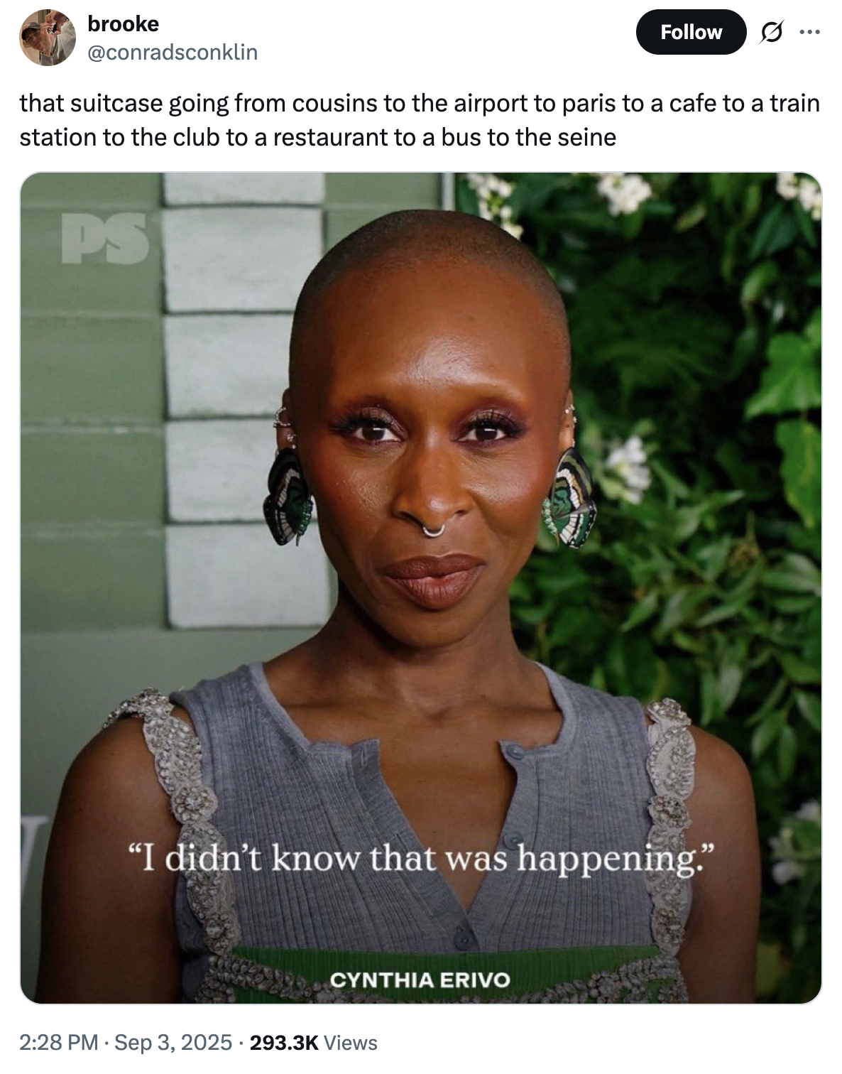 X user @conradsconklin tweeted, "that suitcase going from cousins to the airport to paris to a cafe to a train station to the club to a restaurant to a bus to the seine," on September 3rd, 2025, gathering over 21,000 likes in two months.