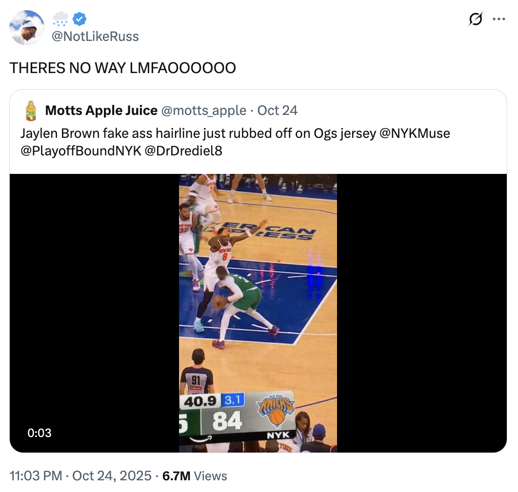 A "quote-tweet":https://knowyourmeme.com/memes/quote-retweets-qrts about Boston Celtics "NBA":https://knowyourmeme.com/memes/cultures/basketball player Jaylen Brown's fake hairline and hair dye use.