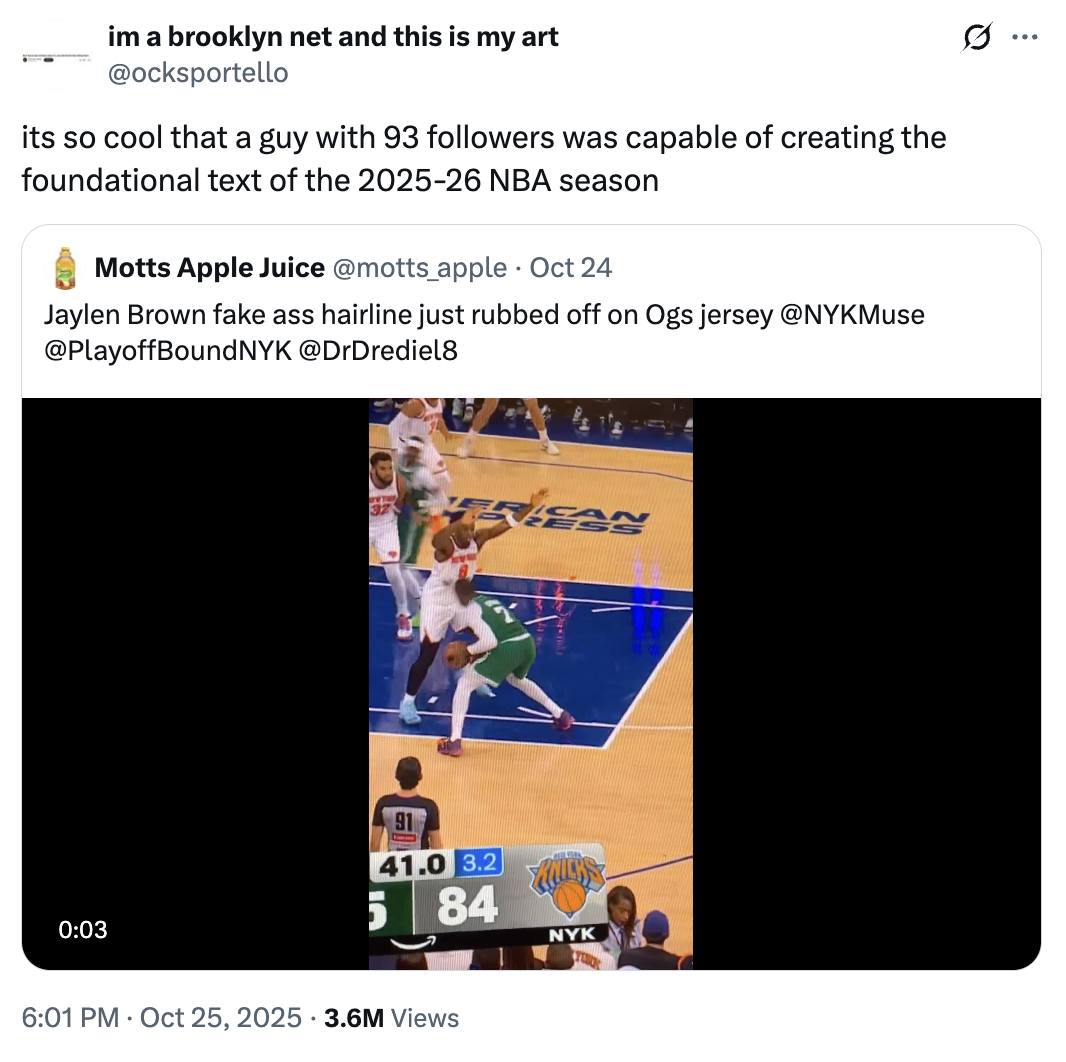 A "quote-tweet":https://knowyourmeme.com/memes/quote-retweets-qrts about Boston Celtics "NBA":https://knowyourmeme.com/memes/cultures/basketball player Jaylen Brown's fake hairline and hair dye use.