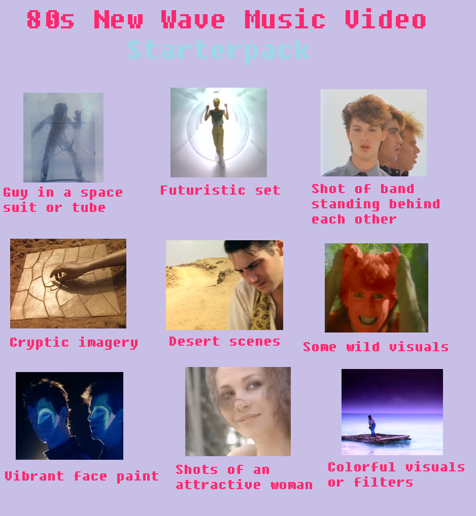 80s New Wave Music Video Guy in a space suit or tube Futuristic set Shot of band standing behind each other Cryptic imagery Desert scenes Some wild visuals Shots of an Vibrant face paint Colorful visuals attractive woman or filters