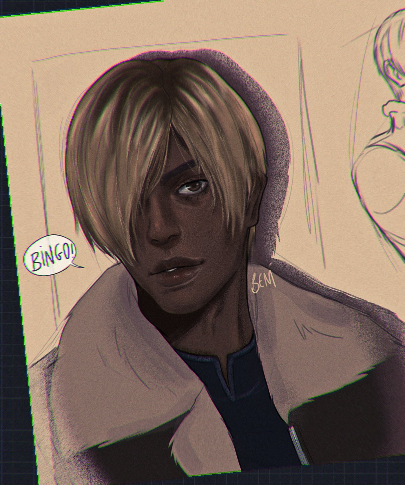 X user @bluue_hour posted fan art inspired by Black TikToker @mythix.v7's cosplay of Leon Kennedy from the _Resident Evil_ video game franchise, gathering over 8,000 likes in a day.