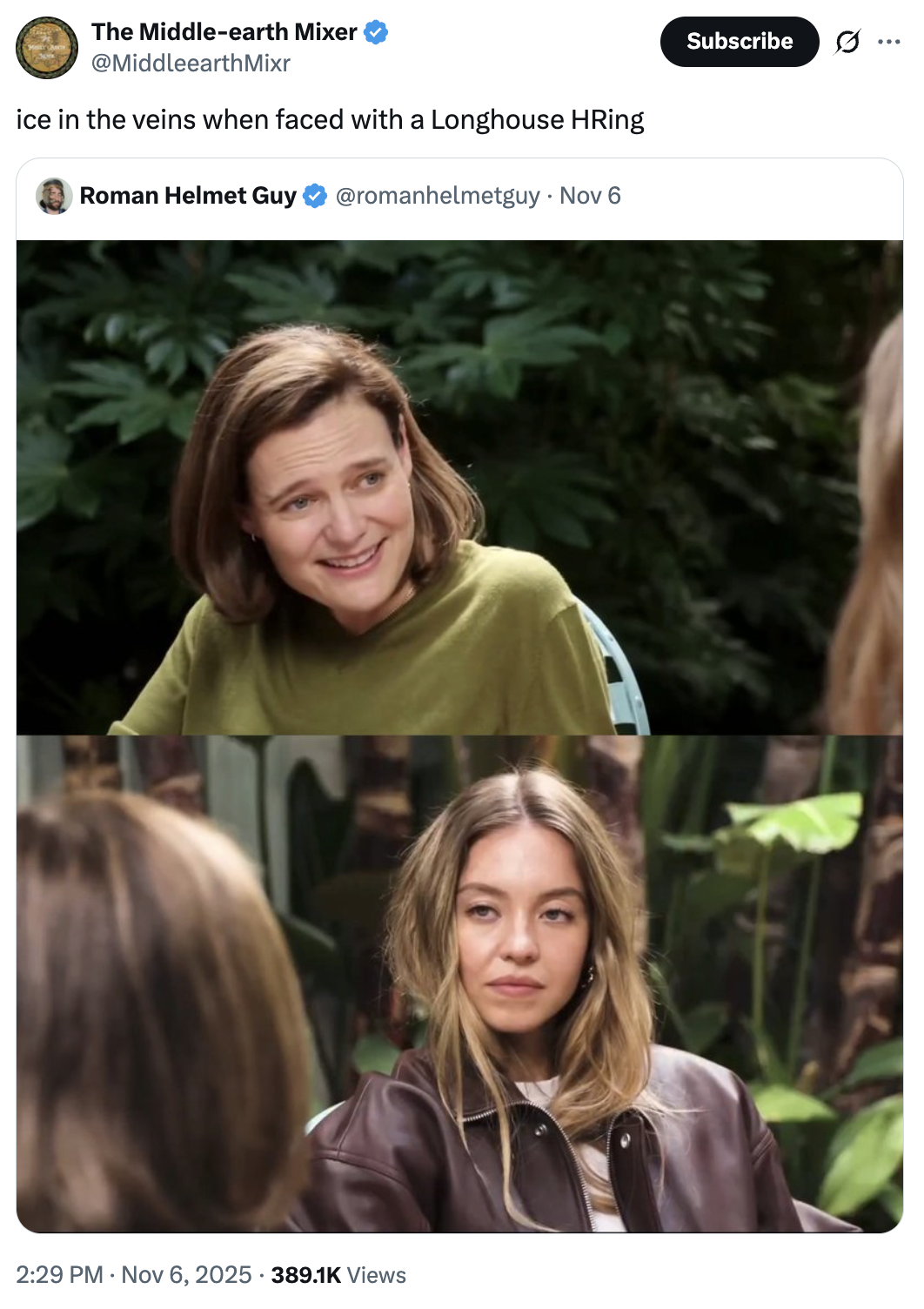 The Middle-earth Mixer @MiddleearthMixr ice in the veins when faced with a Longhouse HRing Roman Helmet Guy @romanhelmetguy • Nov 6 2:29 PM Nov 6, 2025 389.1K Views Subscribe