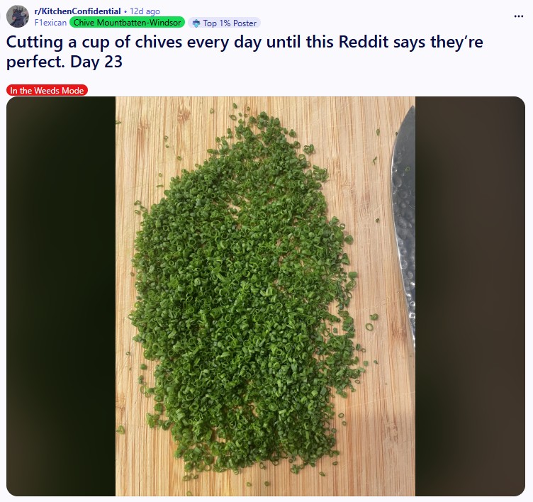 A Reddit post titled, "Cutting a cup of chives every day until this Reddit says they’re perfect. Day 23."