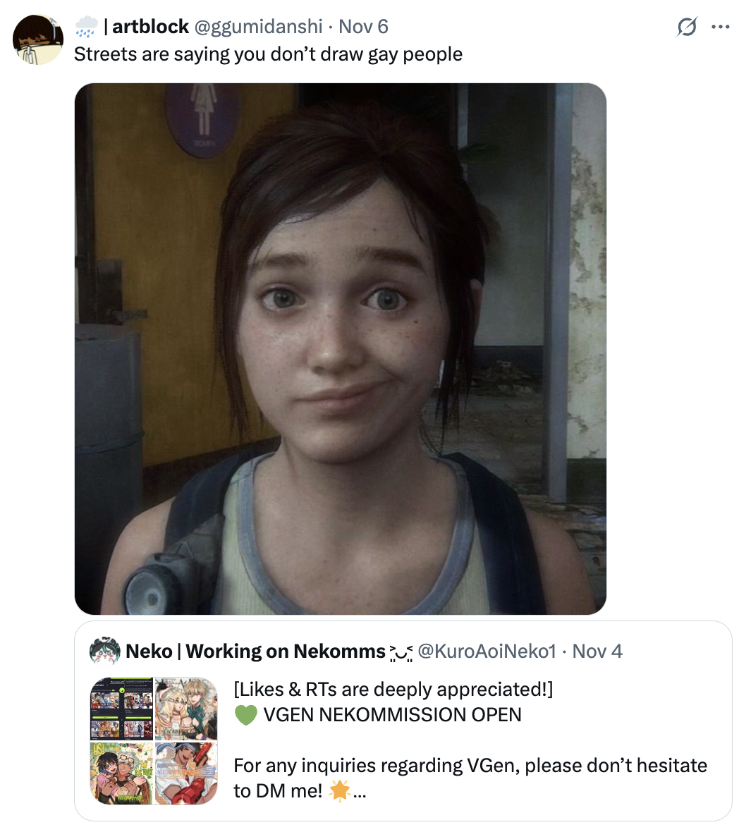 A "tweet":https://knowyourmeme.com/memes/sites/twitter-x using the  Ellie Smirk "meme":https://knowyourmeme.com/memes/memes, showing "_The Last of Us_":https://knowyourmeme.com/memes/subcultures/the-last-of-us "video game":https://knowyourmeme.com/memes/cultures/gaming character Ellie Williams smirking and looking directly at the viewer. 