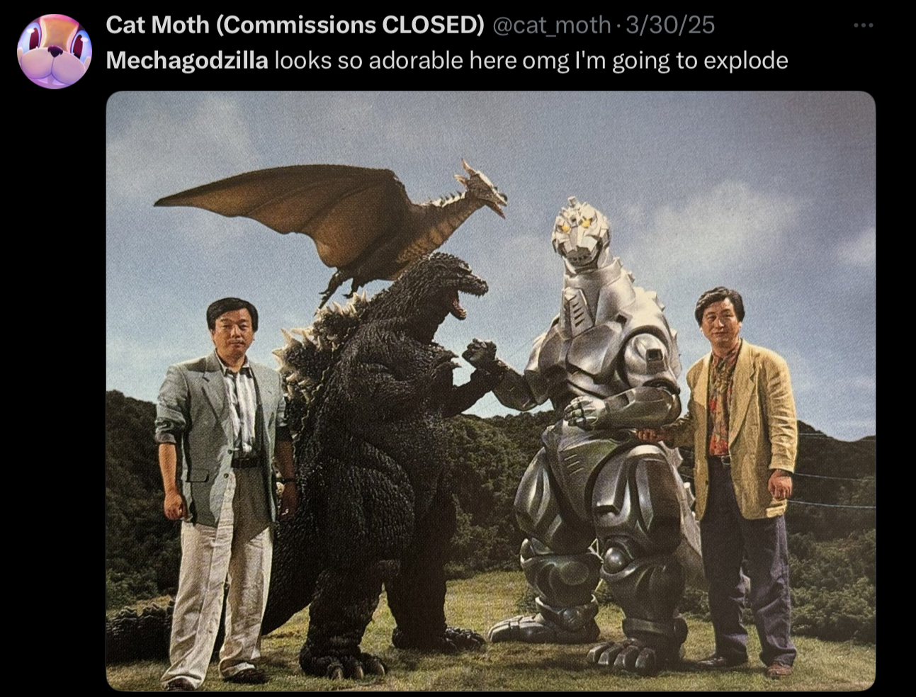 Cat Moth (Commissions CLOSED) @cat_moth. 3/30/25 Mechagodzilla looks so adorable here omg I'm going to explode
