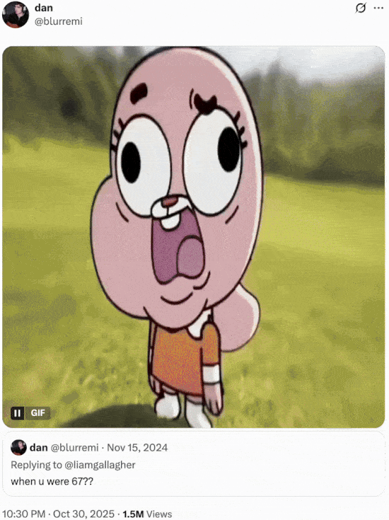 A "quote-tweet":https://knowyourmeme.com/memes/quote-retweets-qrts that first used the Anais Watterson "I'm Sorry" "GIF":https://knowyourmeme.com/memes/cultures/gif as a "reaction image":https://knowyourmeme.com/memes/reaction-images.