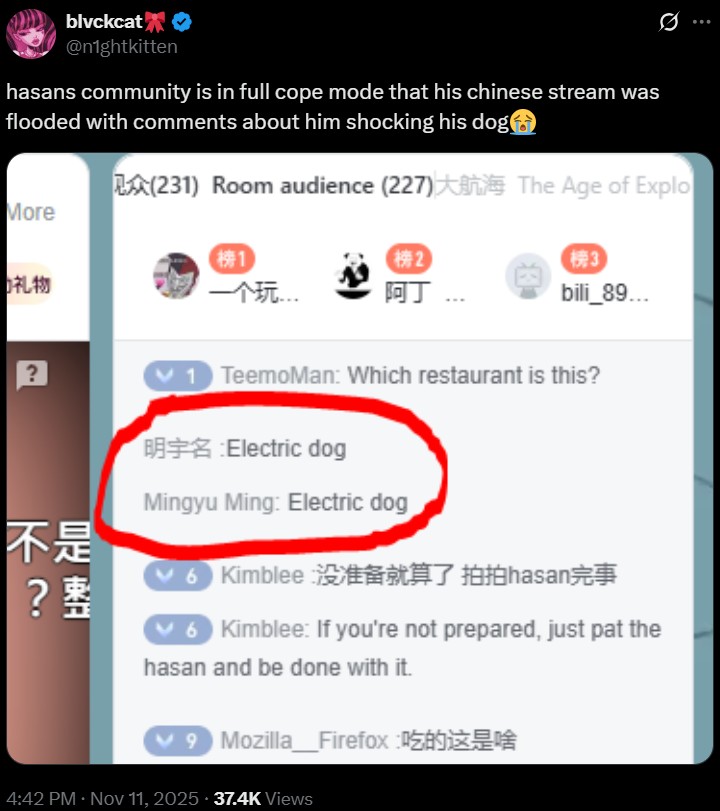 A tweet reading, "hasans community is in full cope mode that his chinese stream was flooded with comments about him shocking his dog😭"