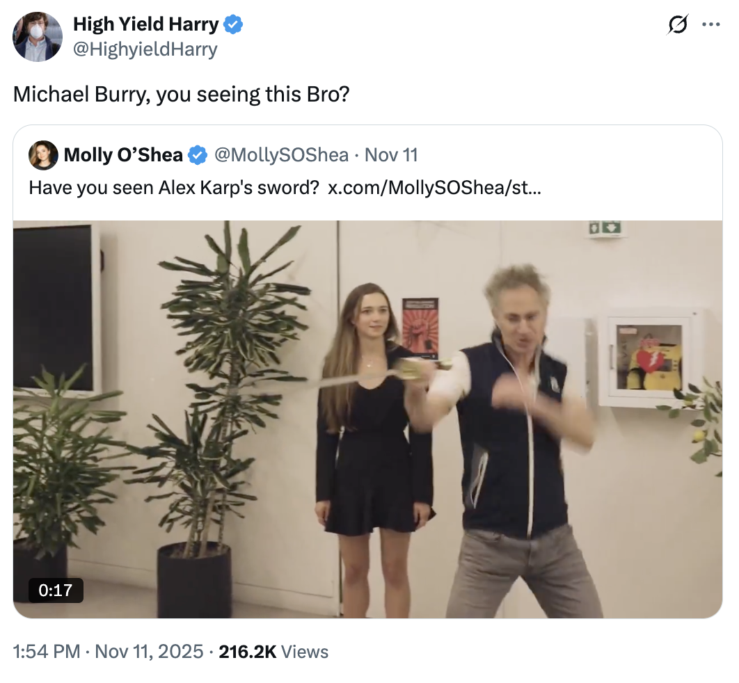 A "quote-tweet":https://knowyourmeme.com/memes/quote-retweets-qrts of the "viral video":https://knowyourmeme.com/memes/viral-videos showing Palantir CEO Alex Karp stabbing a sword.