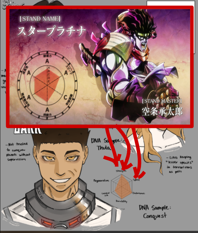 me ge sta [STAND NAME] スタープラチナ F HANA -Not trusted to conquer planets without Supervision 「破壞力 A LA スピー A A 持能力 C DNA Saple Thula [STAND MASTER] 空条承太郎 Regeneration Streng -Likes keeping "lesser species" in terrariums as pets Durability DNA Sample: Conquest