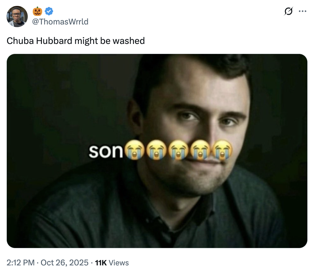 A "tweet":https://knowyourmeme.com/memes/sites/twitter-x using the  Charlie Kirk "Son😭😭😭😭😭" meme, a "Charlie Kirk Face Swap":https://knowyourmeme.com/memes/charlie-kirk-face-swaps-kirkified-memes image of "Anthony's Mackie Smirk Meme":https://knowyourmeme.com/memes/anthony-mackies-smirk. 
