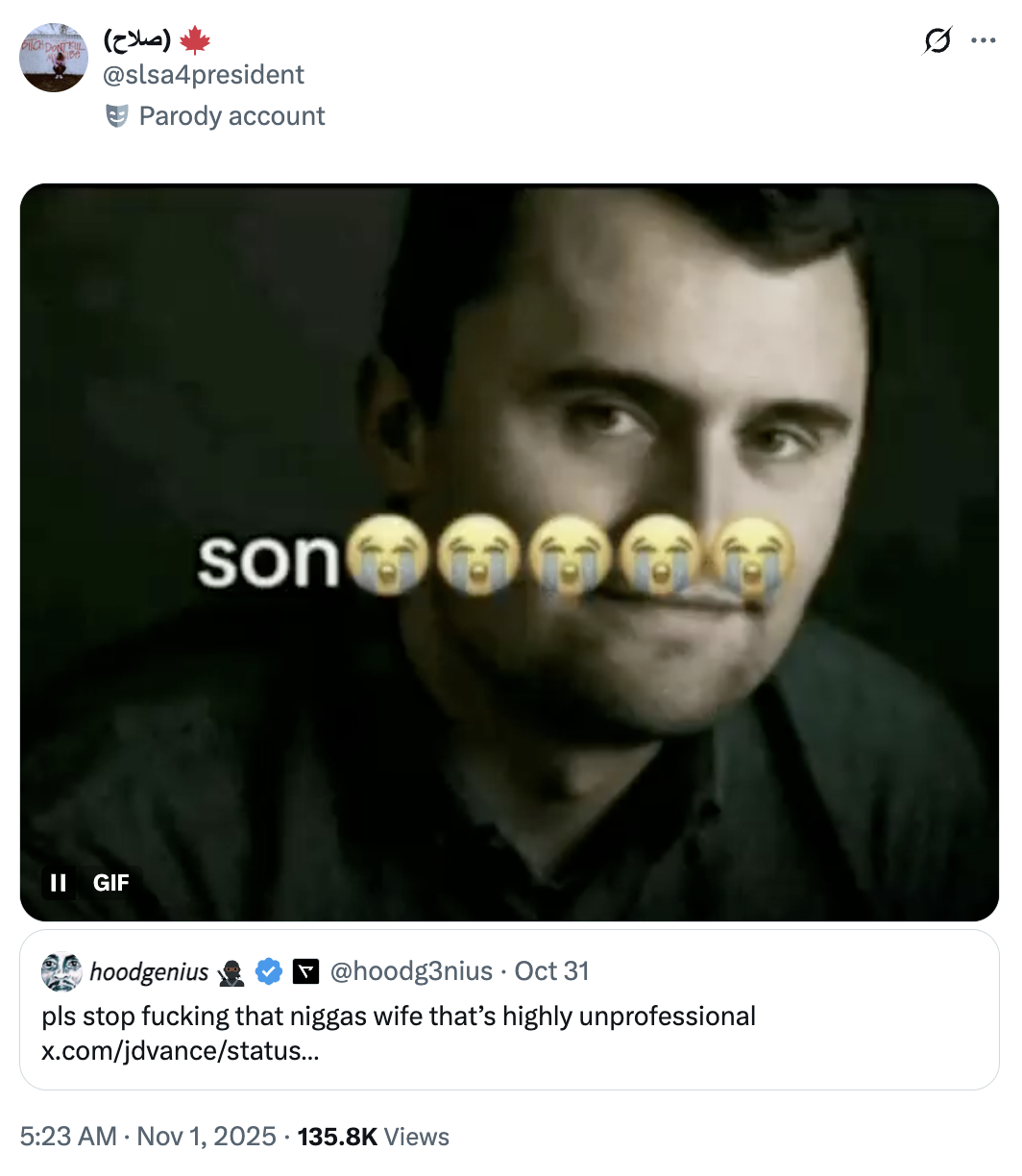 A "quote-tweet":https://knowyourmeme.com/memes/quote-retweets-qrts  using the Charlie Kirk "Son😭😭😭😭😭" meme, a "Charlie Kirk Face Swap":https://knowyourmeme.com/memes/charlie-kirk-face-swaps-kirkified-memes image of "Anthony's Mackie Smirk Meme":https://knowyourmeme.com/memes/anthony-mackies-smirk. 