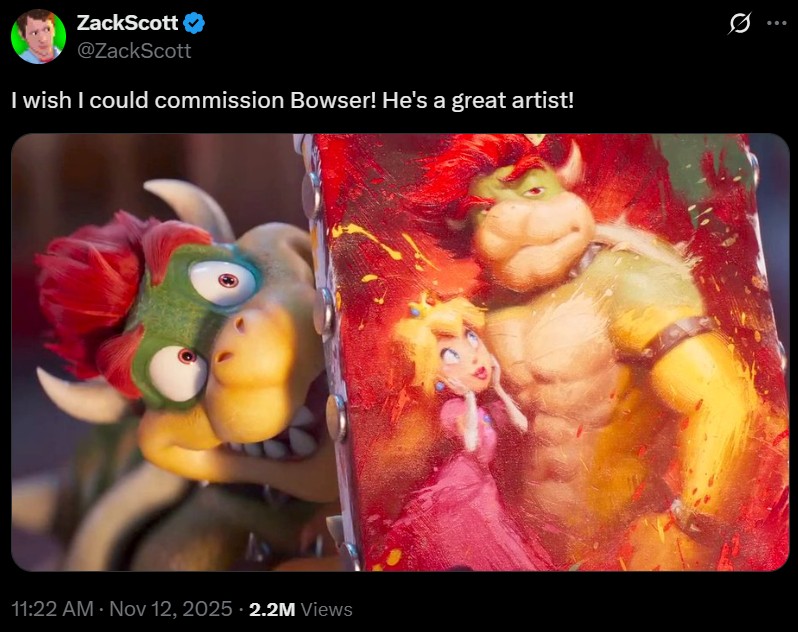 A tweet by ZackScott. He wishes he could commission Bowser.