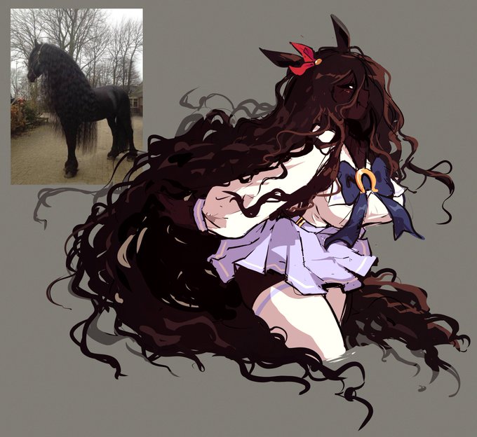 "Umamusume":https://knowyourmeme.com/memes/subcultures/uma-musume-pretty-derby-umamusume fan art. The art depicts a Friesian horse girl and the tweet reads, "the prettiest uma~  ♡🐎♡."