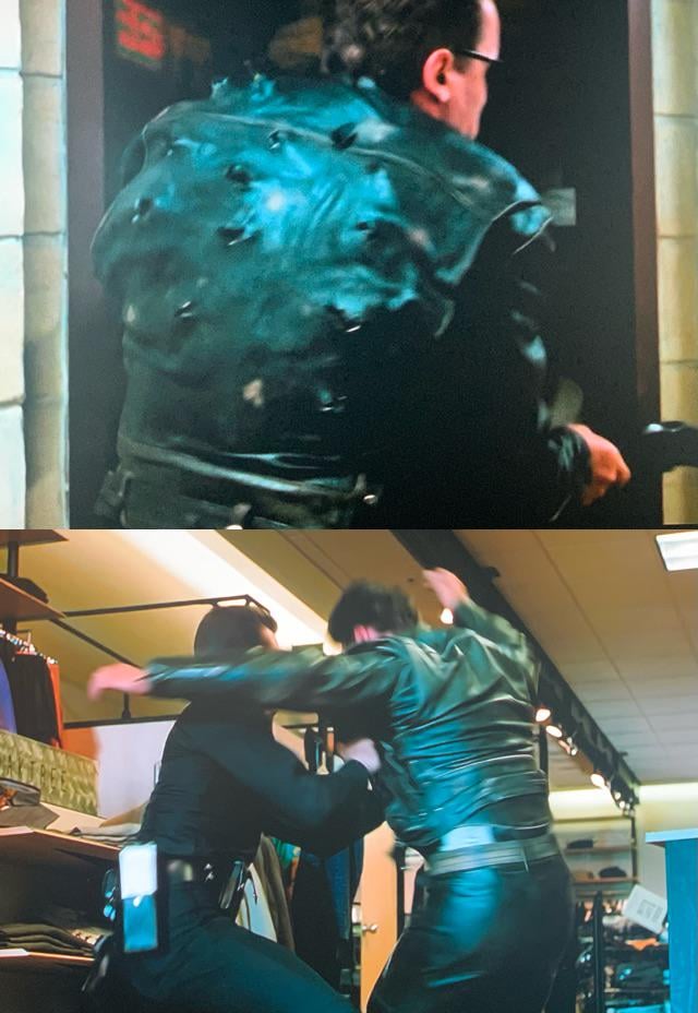 Terminator Shot Through Window In T2: Judgement Day (1991), the Terminator gets its jacket shot up ...
