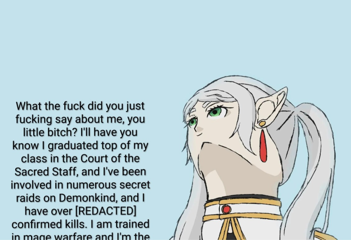 An edit of a bad Frieren drawing. The "Navy Seal copypasta":https://knowyourmeme.com/memes/navy-seal-copypasta has been added next to her face.