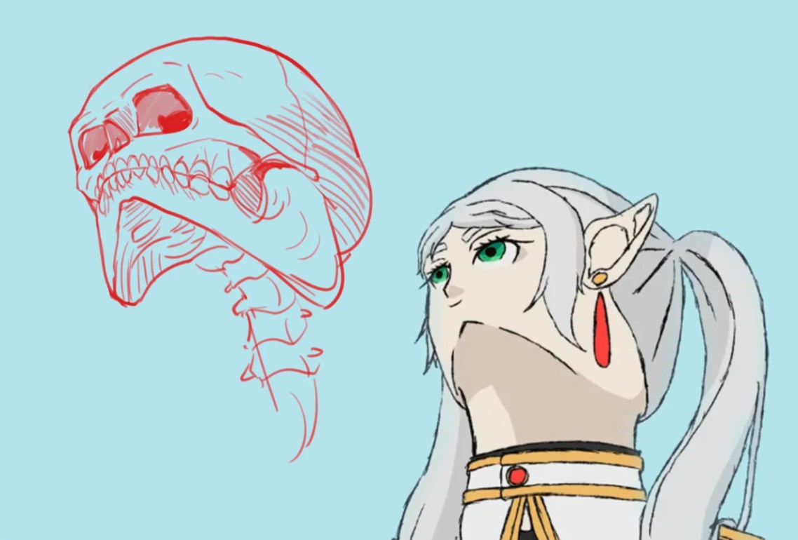 An edit of a bad Frieren drawing. The drawing imagines what her skull might look like.