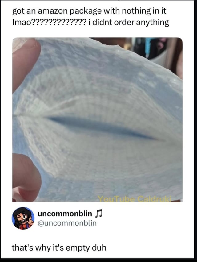 got an amazon package with nothing in it Imao????????????? i didnt order anything YouTube Caldruki uncommonblin ♫ @uncommonblin that's why it's empty duh