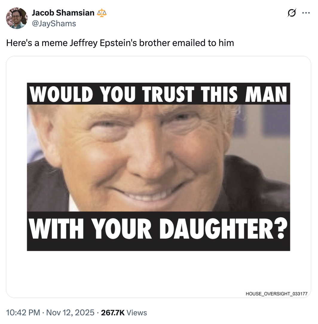 Jacob Shamsian @JayShams Here's a meme Jeffrey Epstein's brother emailed to him 0 WOULD YOU TRUST THIS MAN ... WITH YOUR DAUGHTER? 10:42 PM ⚫ Nov 12, 2025 · 267.7K Views HOUSE_OVERSIGHT_033177
