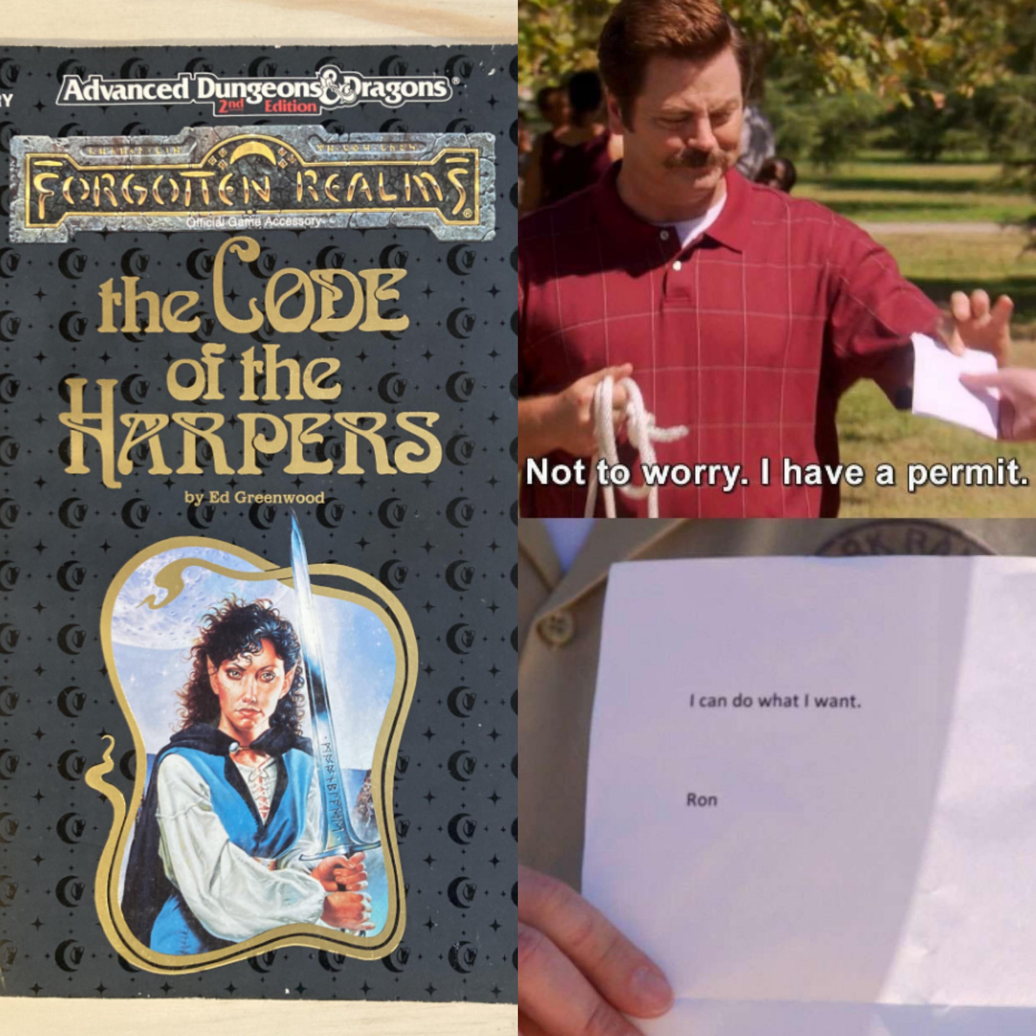 Y Advanced Dungeons Dragons 2nd Edition FORGOTTEN REALIMS Official Game Accessory the CODE of the HARPERS by Ed Greenwood BITHM C Not to worry. I have a permit. I can do what I want. Ron