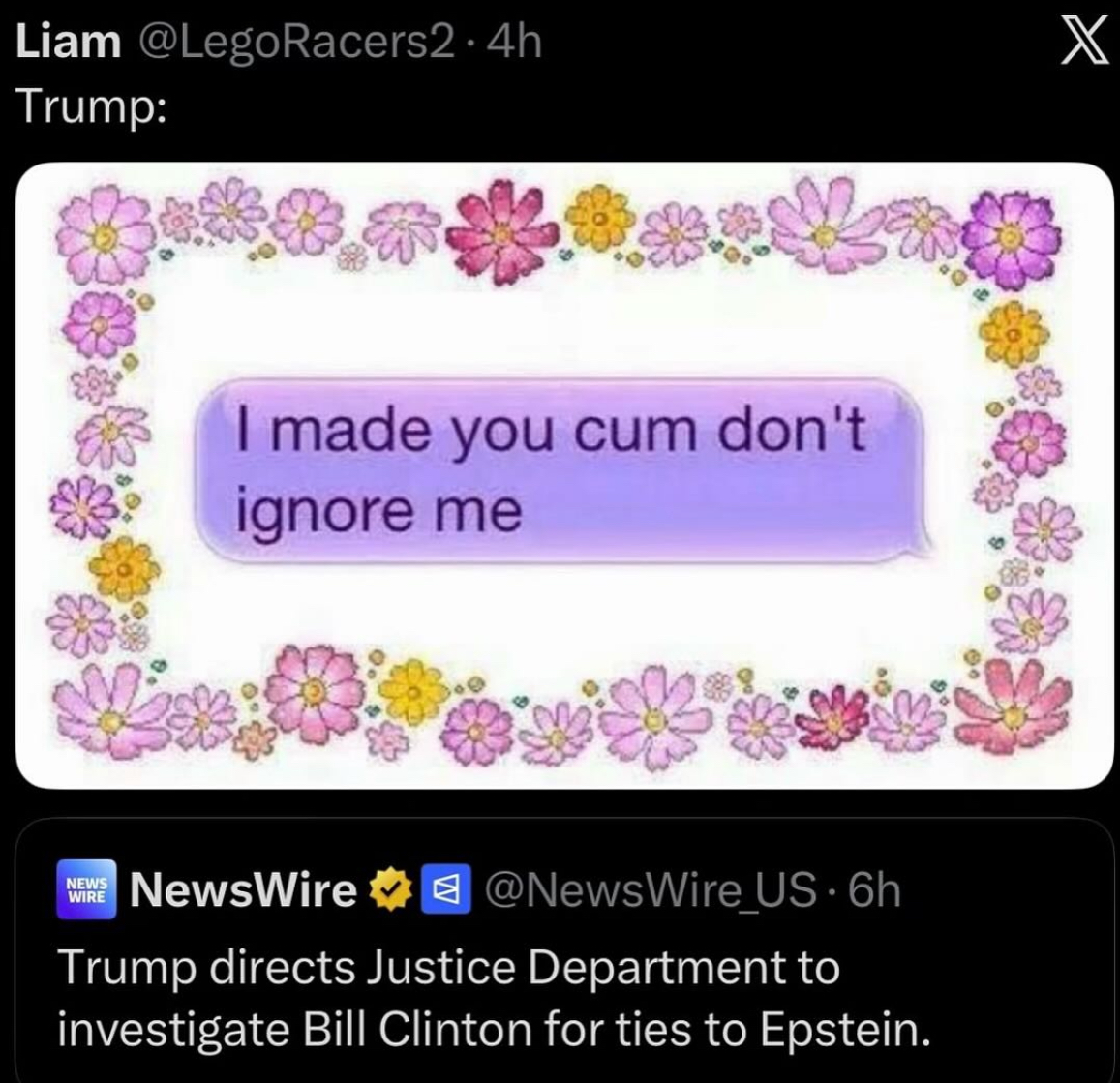 Liam @LegoRacers2.4h Trump: X I made you c-- don't ignore me NEWS WIRE NewsWire @NewsWire_US.6h Trump directs Justice Department to investigate Bill Clinton for ties to Epstein.