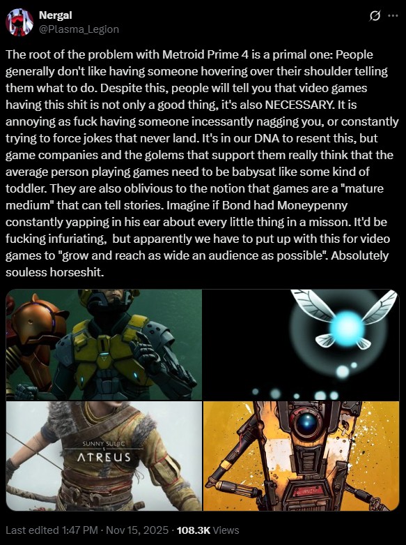 A tweet explaining the problem with Myles in Metroid Prime 4. They believe it is primal.