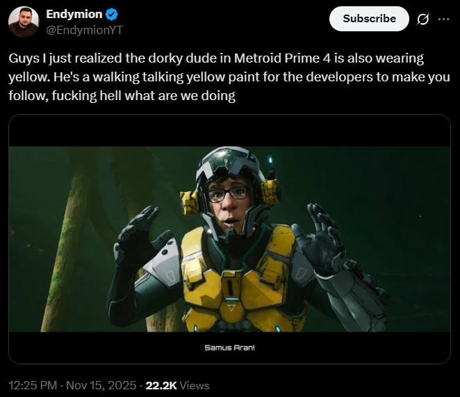 A tweet complaining about Myles MacKenzie. The post compares him to "walking yellow paint":https://knowyourmeme.com/memes/yellow-paint-game-design-debate.