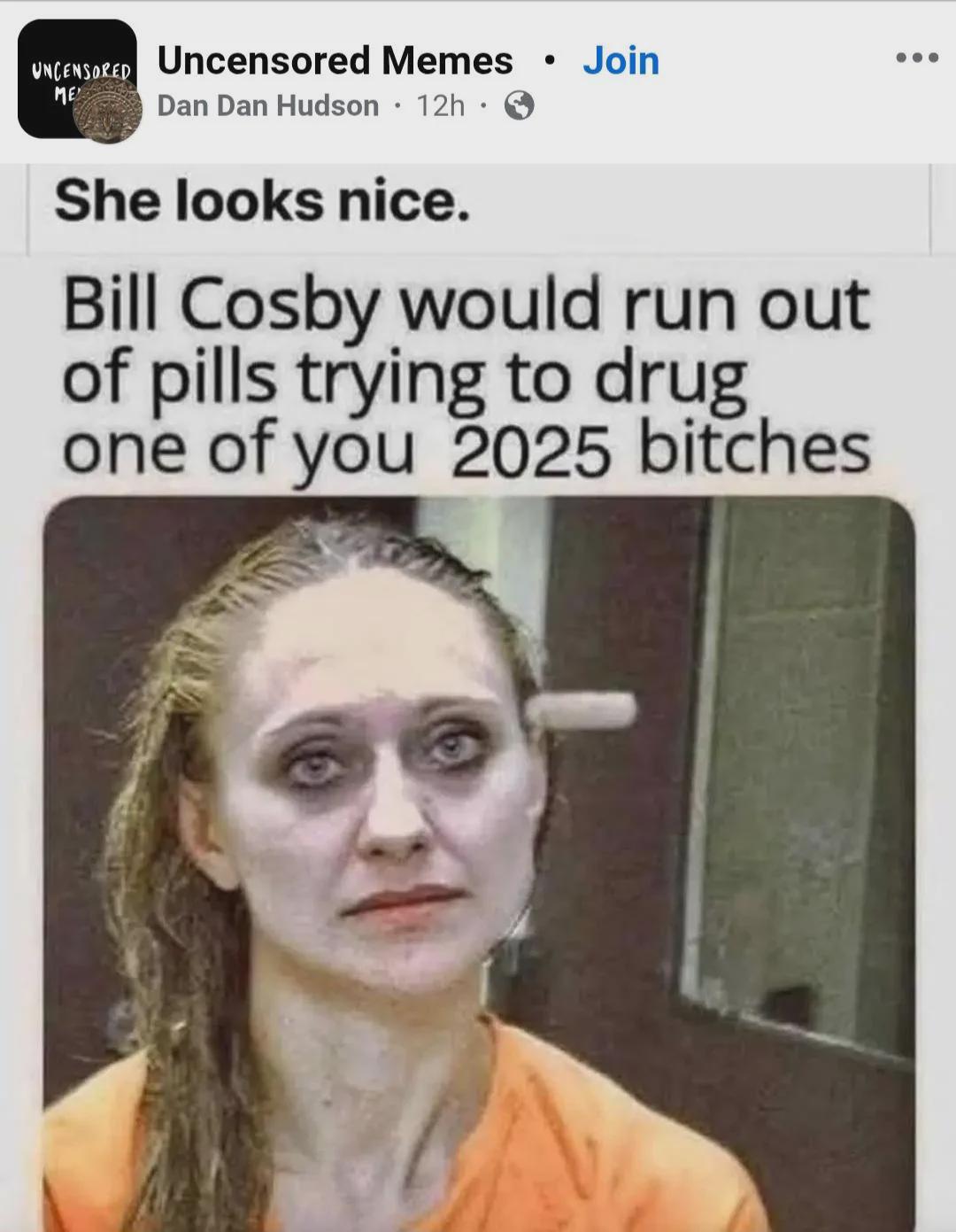 UNCENSORED Uncensored Memes • Join ME Dan Dan Hudson · 12h ⚫ She looks nice. Bill Cosby would run out of pills trying to drug one of you 2025 bitches