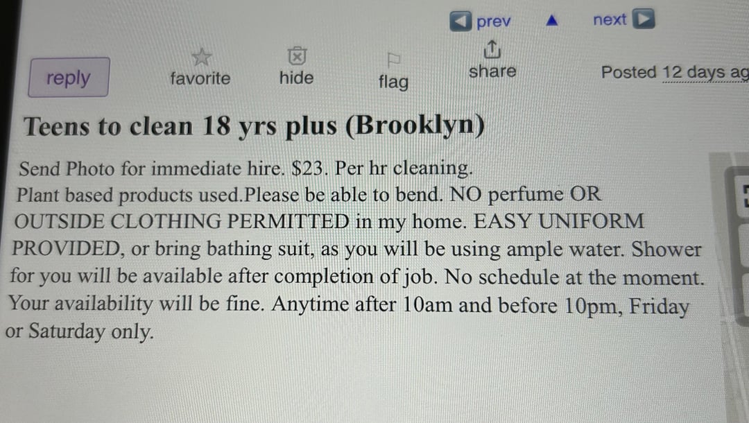 reply prev A next ث share favorite hide flag Posted 12 days ag Teens to clean 18 yrs plus (Brooklyn) Send Photo for immediate hire. $23. Per hr cleaning. Plant based products used. Please be able to bend. NO perfume OR OUTSIDE CLOTHING PERMITTED in my home. EASY UNIFORM PROVIDED, or bring bathing suit, as you will be using ample water. Shower for you will be available after completion of job. No schedule at the moment. Your availability will be fine. Anytime after 10am and before 10pm, Friday or Saturday only.
