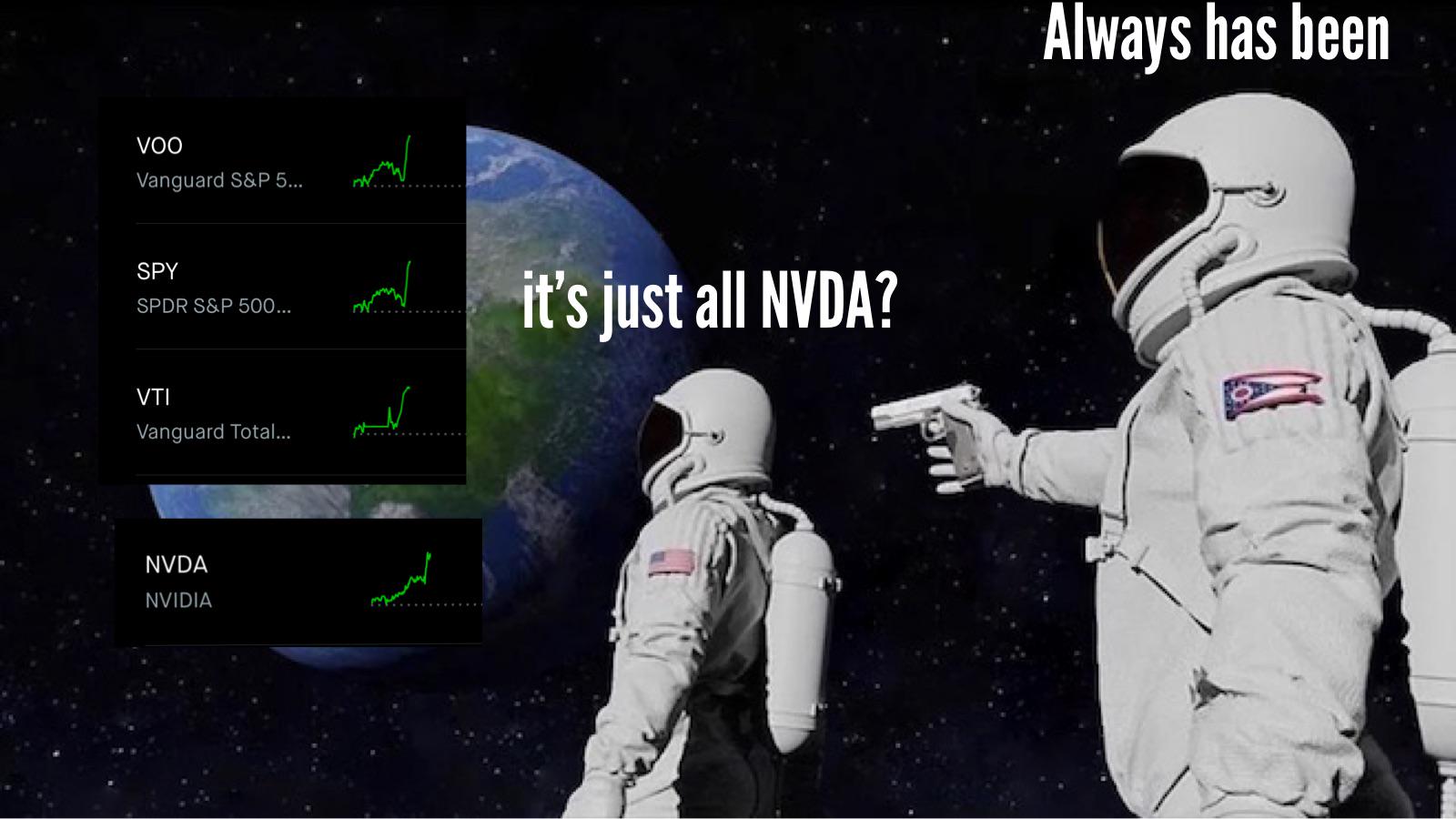 VOO Vanguard S&P 5... SPY SPDR S&P 500... it's just all NVDA? VTI Vanguard Total... NVDA NVIDIA Always has been