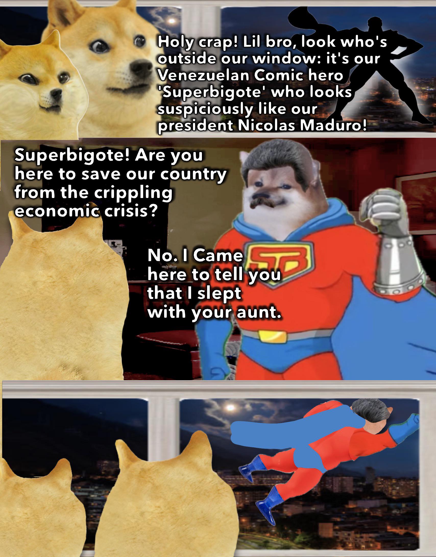 Holy crap! Lil bro, look who's outside our window: it's our Venezuelan Comic hero 'Superbigote' who looks suspiciously like our president Nicolas Maduro! Superbigote! Are you here to save our country from the crippling economic crisis? No. I Came here to tell you that I slept with your aunt.