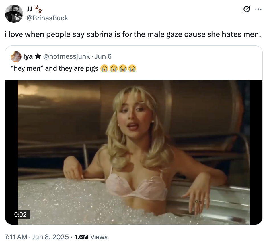 A "quote-tweet":https://knowyourmeme.com/memes/quote-retweets-qrts of the original "Hey Men" and They Are Pigs "tweet":https://knowyourmeme.com/memes/sites/twitter-x about a clip from the "Sabrina Carpenter":https://knowyourmeme.com/memes/people/sabrina-carpenter music video for her song "Manchild."