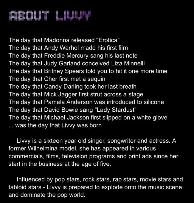 Archived screenshots from journalist Olivia Nuzzi's former MySpace page where she posed under the popstar persona "Livvy."