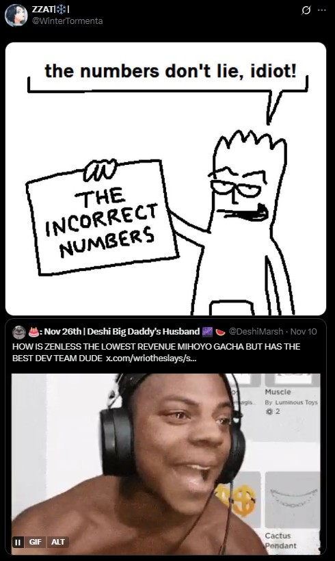ZZATI @WinterTormenta the numbers don't lie, idiot! av THE INCORRECT NUMBERS 0 : Nov 26th | Deshi Big Daddy's Husband @DeshiMarsh - Nov 10 HOW IS ZENLESS THE LOWEST REVENUE MIHOYO GACHA BUT HAS THE BEST DEV TEAM DUDE x.com/wriotheslays/s... Muscle agis By Luminous Toys 02 II GIF ALT Cactus Pendant