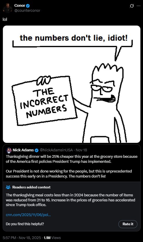 A meme refuting the idea that Thanksgiving dinner 2025 will be cheap because of Trump.