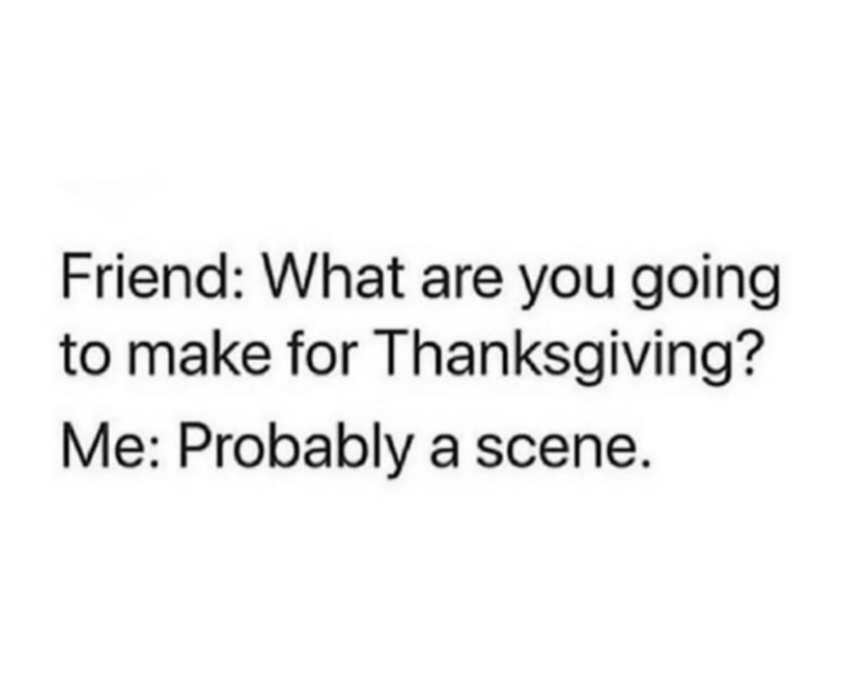 Friend: What are you going to make for Thanksgiving? Me: Probably a scene.