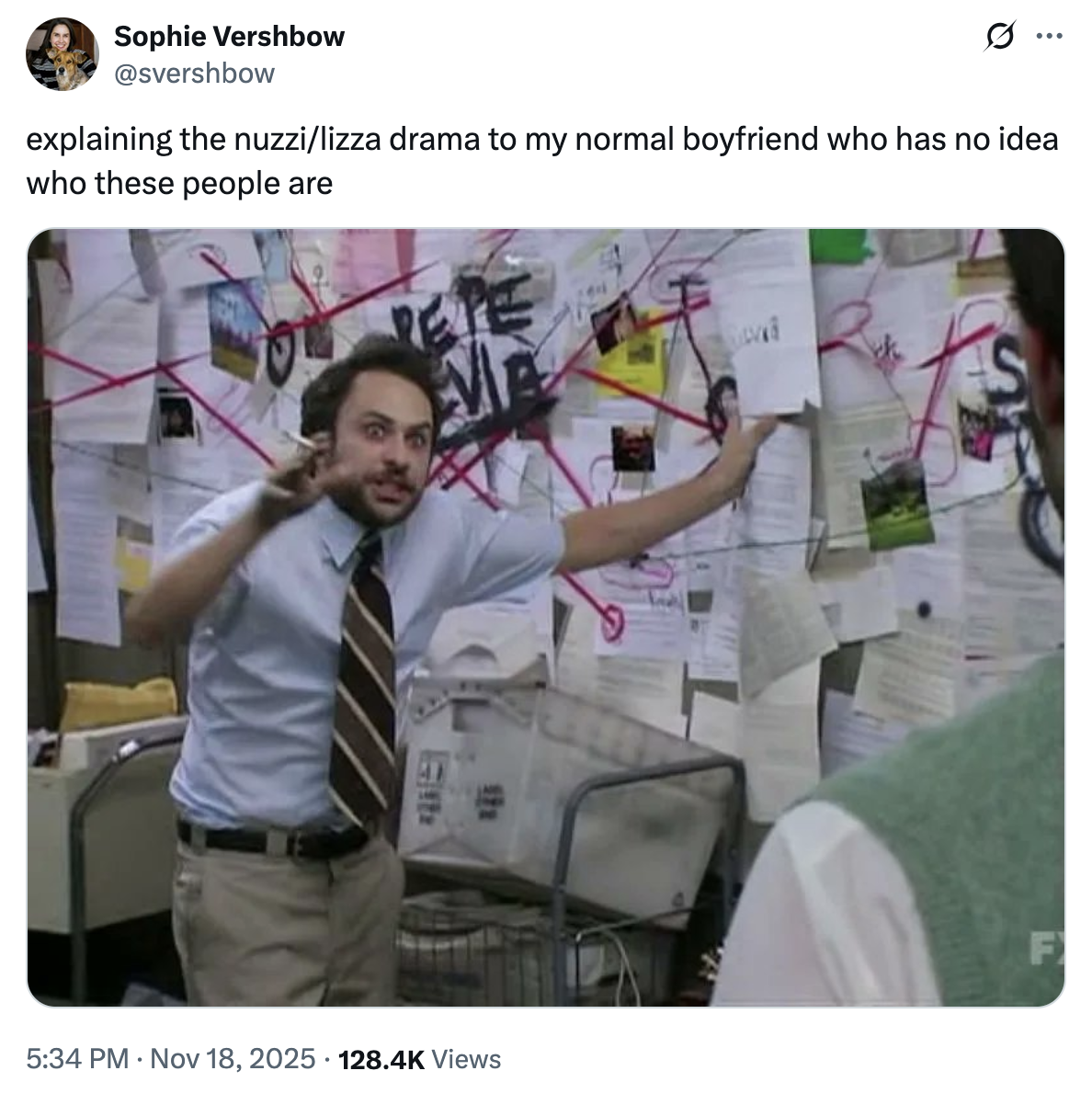 X user @svershbow tweeted the "Pepe Silvia" meme alongside the caption, "explaining the nuzzi/lizza drama to my normal boyfriend who has no idea who these people are."