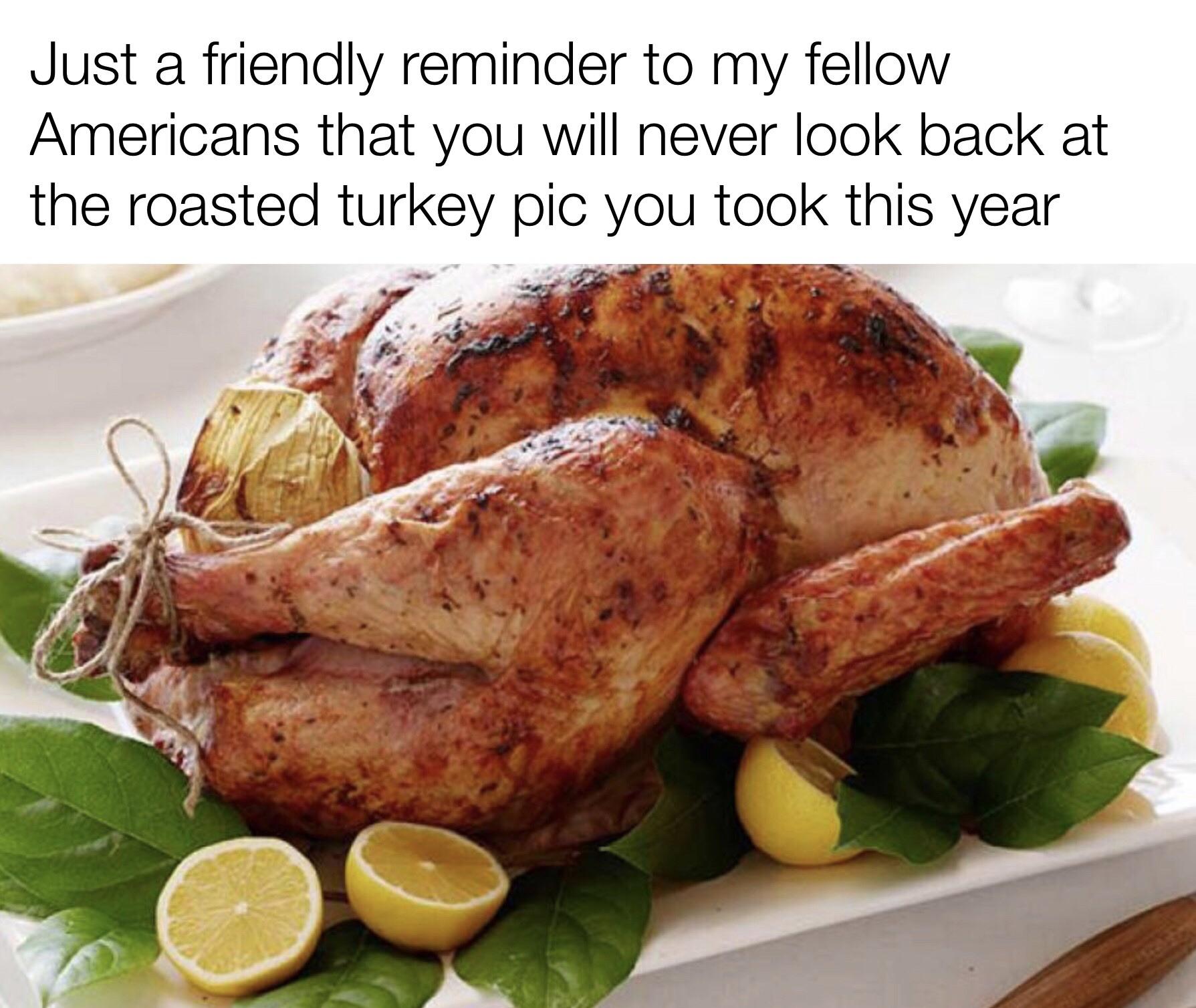 Just a friendly reminder to my fellow Americans that you will never look back at the roasted turkey pic you took this year