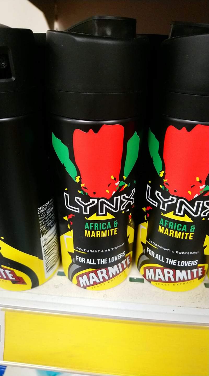 TE bu FOR DIRECTION CAUTION: in sho directed away from onl ING Couman LYNX AFRICA & MARMITE DEODORANT & BODYSPRAY FOR ALL THE LOVERS MARMITE YEAST EXTRAE LYN AFRICA & MARMITE DEODORANT & BODYSPRAY FOR ALL THE LOVERS MARMITE YEAST EXTRACT
