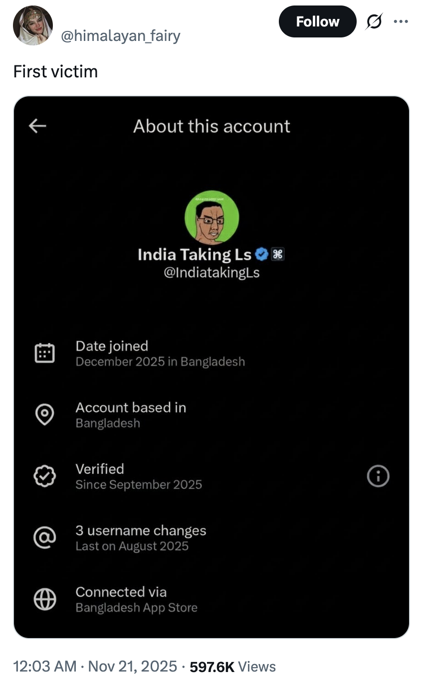 X user @himalayan_fairy tweeted, "First victim" alongside a screenshot of the account "Indians taking Ls" being "based" in Bangladesh.
