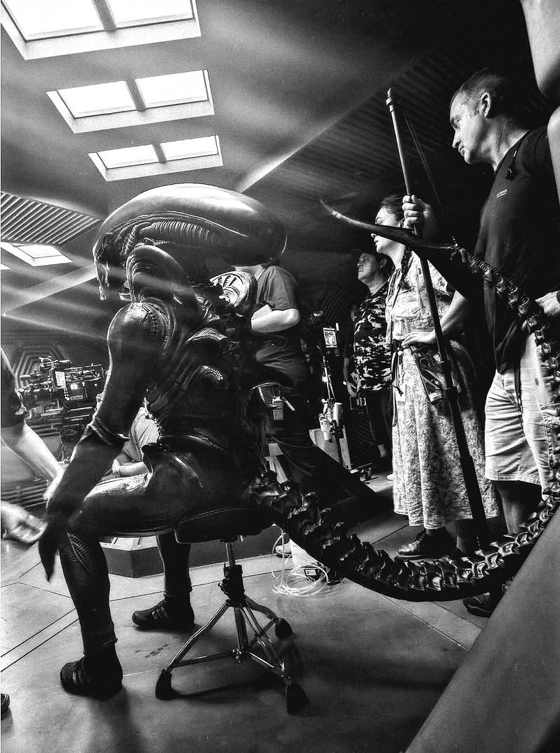 Xenomorph wearing sneakers sitting in a chair 