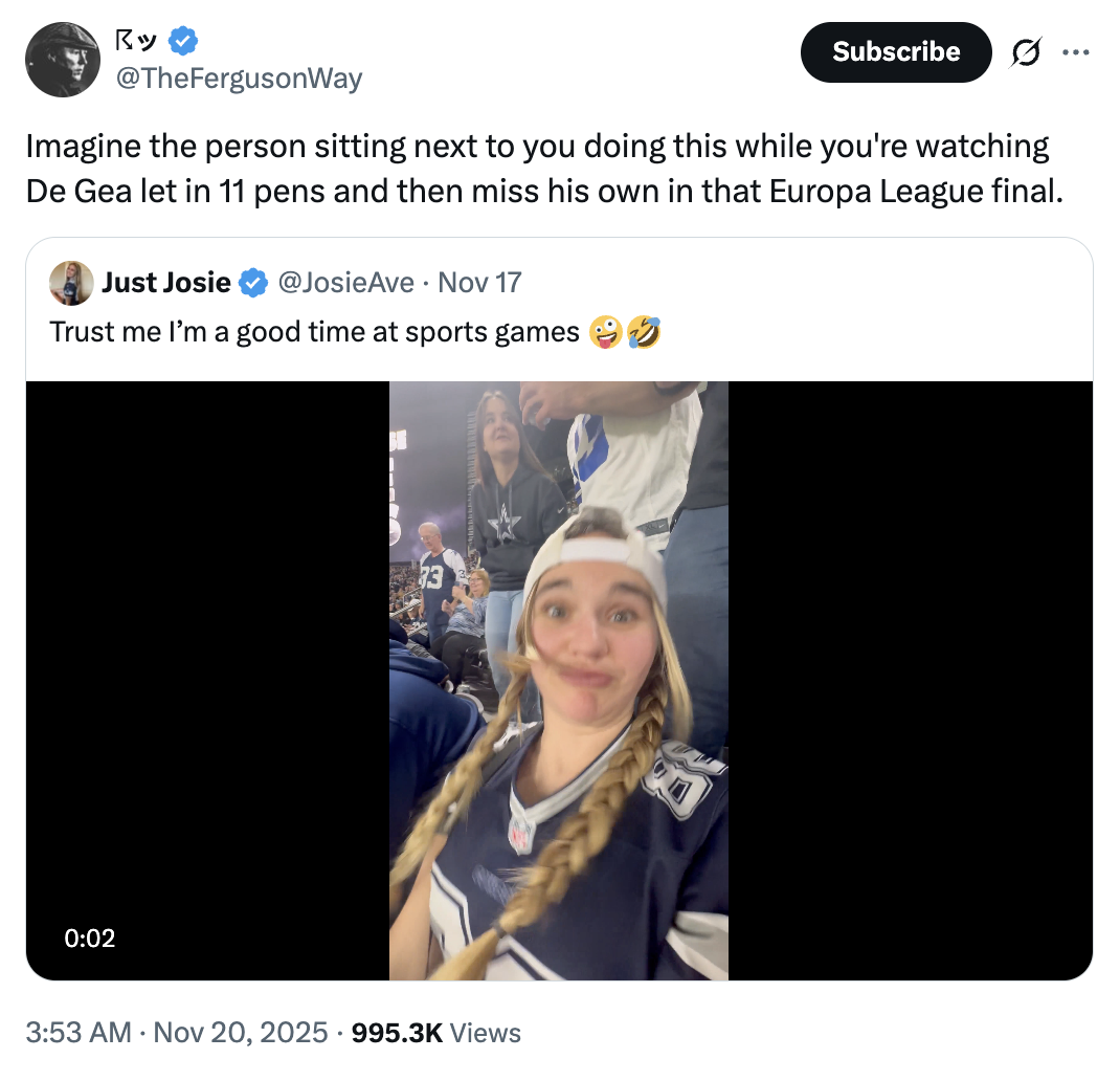 A "quote-tweet":https://knowyourmeme.com/memes/quote-retweets-qrts making fun of the Just Josie Twitter video of her dancing at a Dallas Cowboys game in November 2025.