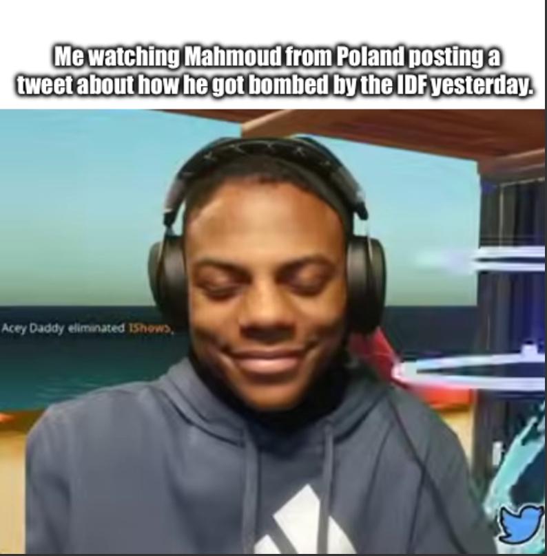 Me watching Mahmoud from Poland posting a tweet about how he got bombed by the IDF yesterday. Acey Daddy eliminated 1Shows,