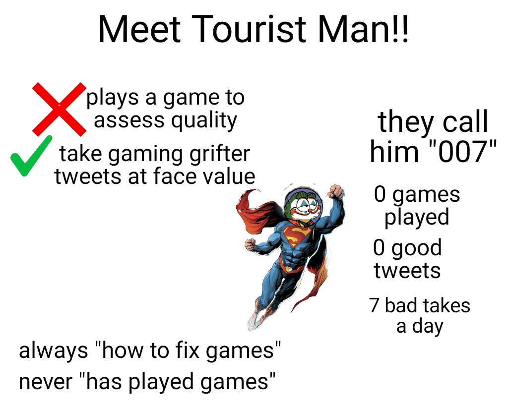 Meet Tourist Man!! plays a game to assess quality take gaming grifter tweets at face value always "how to fix games" never "has played games" they call him "007" 0 games played O good tweets 7 bad takes a day