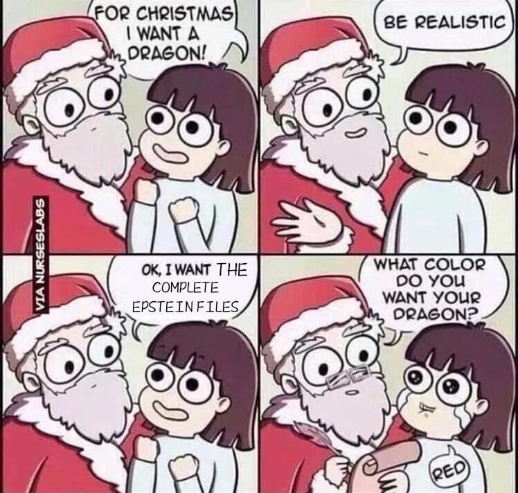 VIA NURSESLABS FOR CHRISTMAS I WANT A DRAGON! BE REALISTIC OK, I WANT THE COMPLETE EPSTEIN FILES WHAT COLOR DO YOU WANT YOUR DRAGON? Ш RED